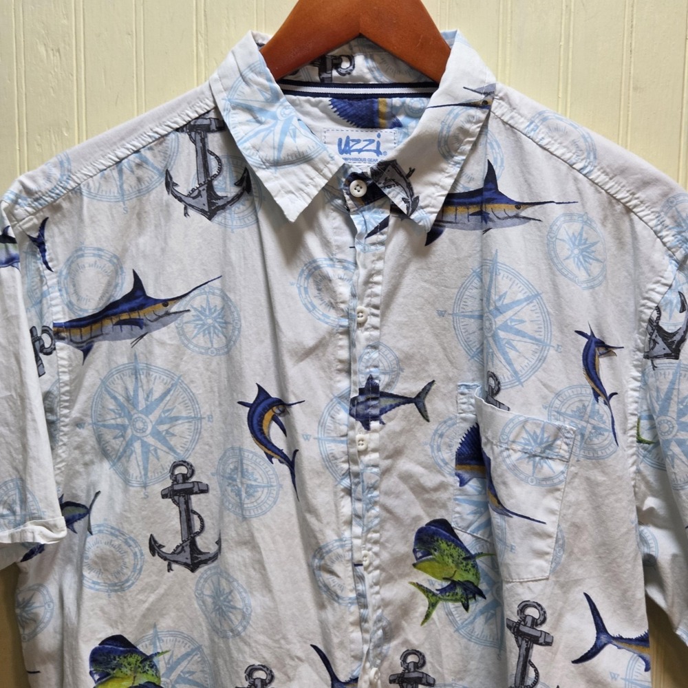 Uzzi Shirt Mens XL White Nautical Fish Print Short Sleeve Button Up Casual
